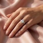 Front view of three-stone engagement ring with emerald cut center diamond and baguette sides in white gold