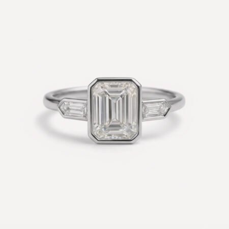 Emerald Cut 3.0ct EF VS1 IGI Certified Lab Diamond Three Stone Ring in 14K Gold – Bullet Side Accents