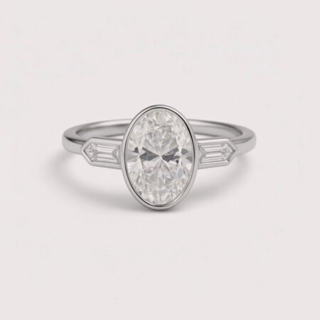Oval Cut 3.0ct EF VS1 IGI Certified Lab Diamond Three Stone Ring in 14K Gold – Bullet Side Accents