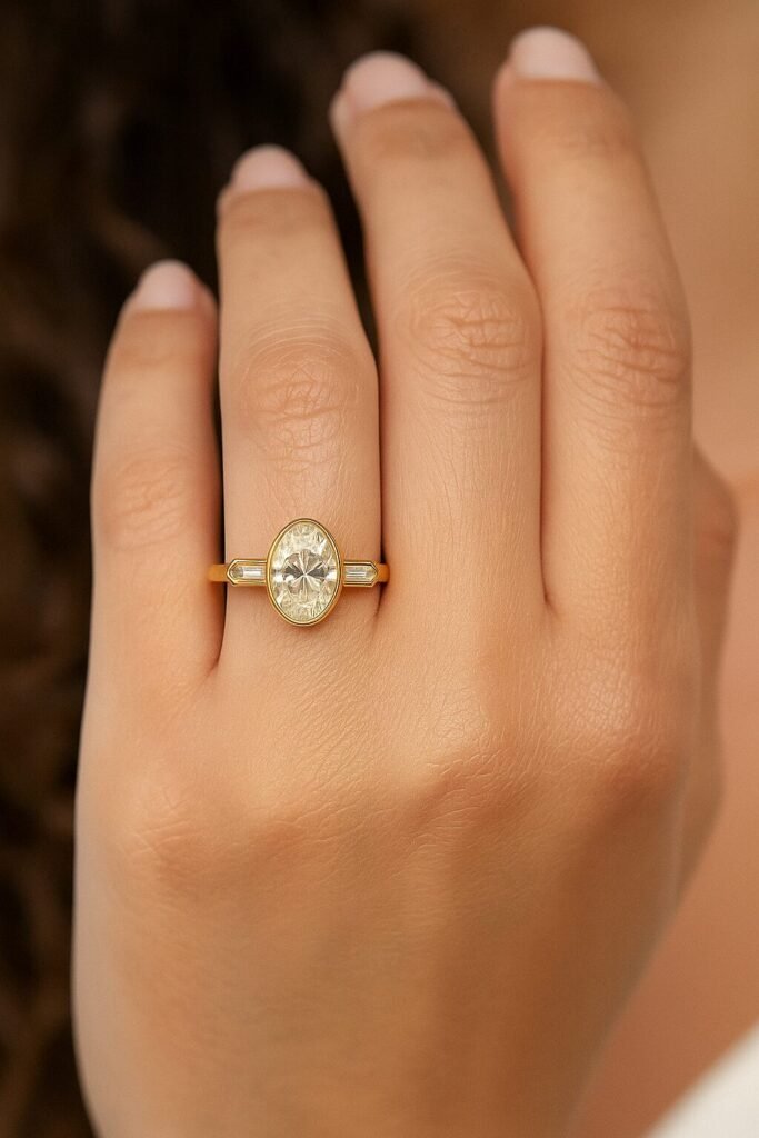 UN1014 (1) Oval cut diamond three-stone engagement ring in yellow gold on a woman's hand