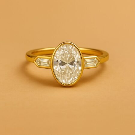 Side profile of oval cut diamond ring with tapered baguette diamonds in yellow gold band
