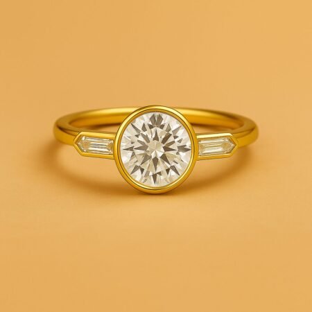Front view of yellow gold three-stone engagement ring featuring round brilliant cut diamond and tapered baguettes