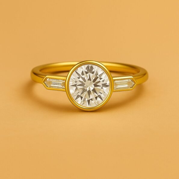 Front view of yellow gold three-stone engagement ring featuring round brilliant cut diamond and tapered baguettes