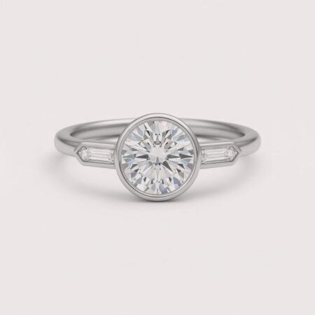 Round Cut 2.50ct EF VS1 IGI Certified Lab Diamond Three Stone Ring in 14K Gold – Bullet Side Accents