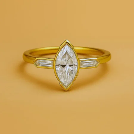 Marquise Cut 1.60ct EF VS1 IGI Certified Lab Diamond Three Stone Ring in 14K Gold – Bullet Side Accents