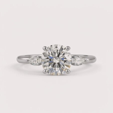 3.00ct Round IGI Certified Lab Diamond Ring with Pear Side Stones in 14K Gold – Minimalist Three Stone Design
