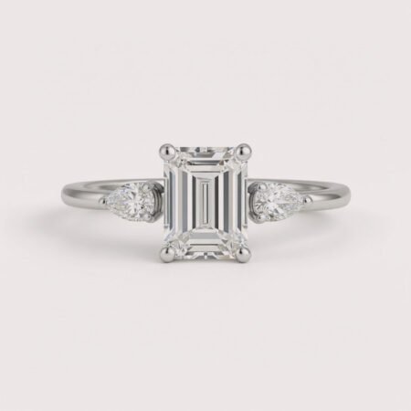 2.50ct Emerald IGI Certified Lab Diamond Ring with Pear Side Stones in 14K Gold – Minimalist Three Stone Setting