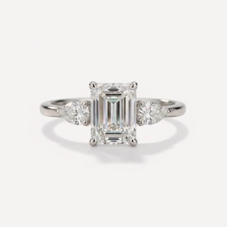 2.50ct Emerald E/VS1 IGI Certified Lab Grown Diamond Ring with Pear Side Stones in 14K Gold – Minimalist Three Stone Setting