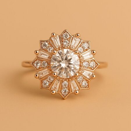 Rose gold starburst diamond ring with round center stone and baguette halo, front view on warm background.