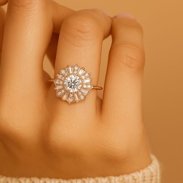 Woman wearing starburst halo engagement ring with round diamond center in rose gold, elegant hand pose.