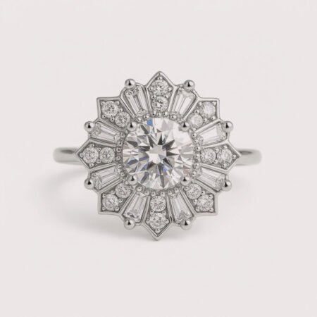 1.50ct Round Cut IGI Certified Lab Diamond Floral Halo Ring in 18K Rose Gold – Art Deco Cluster Design