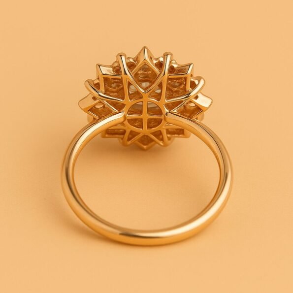 Underside view of rose gold diamond halo ring with structured gallery and lattice setting.