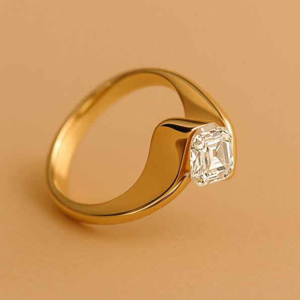 Side angle view of a yellow gold ring with an Asscher cut diamond set in a unique swirl bezel design