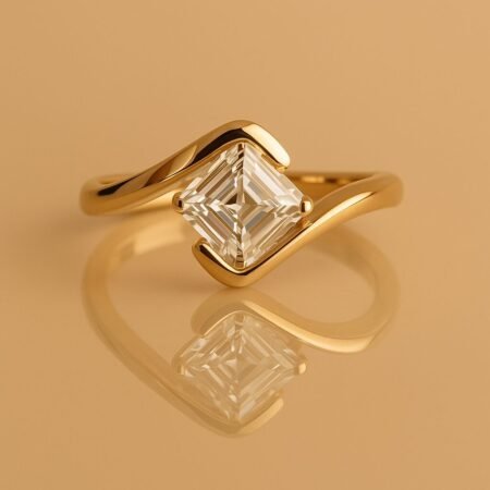 Elegant Asscher cut lab-grown diamond ring in yellow gold with bypass setting, reflecting on a glossy background