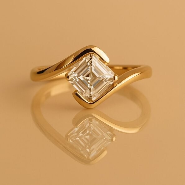 Elegant Asscher cut lab-grown diamond ring in yellow gold with bypass setting, reflecting on a glossy background