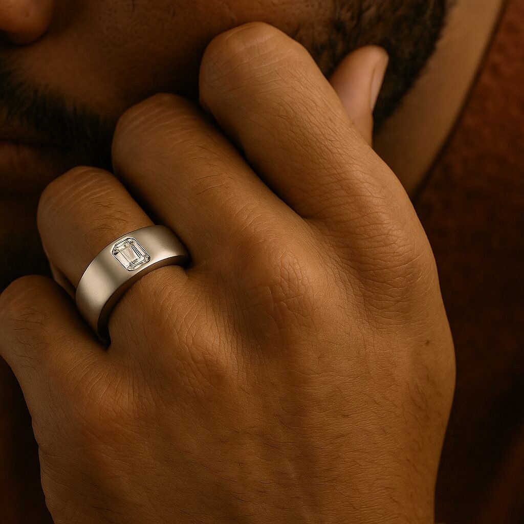 Bold men's emerald diamond wedding ring worn on hand in a lifestyle shot.