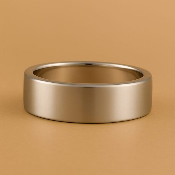 Minimalist men's wedding band in matte 18K White Gold finish with clean, modern silhouette