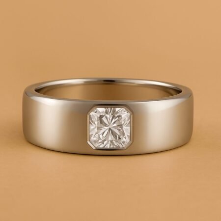 Men’s 18K White Gold engagement ring set with a bezel-set radiant cut lab diamond in a wide band