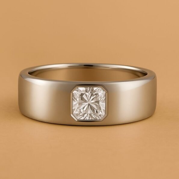 Men’s 18K White Gold engagement ring set with a bezel-set radiant cut lab diamond in a wide band