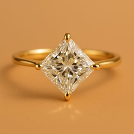Front angle view of a princess cut solitaire engagement ring set in yellow gold.