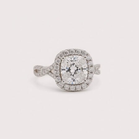 3.50ct Cushion Cut IGI Certified Lab Diamond Halo Ring in 18K Gold – Infinity Twist Pavé Shank