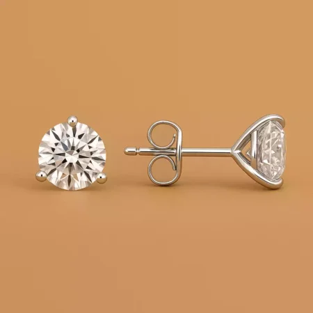 Round lab-grown diamond earrings with secure push-back closure – side and front view in white gold