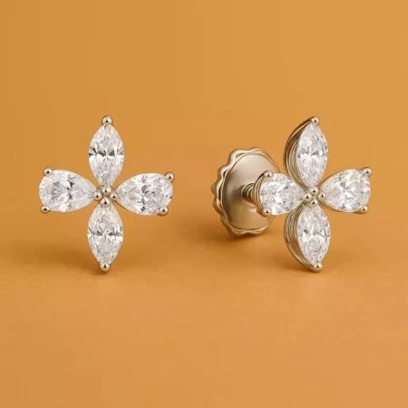 Four-stone floral design diamond earrings with screw back closure – white gold marquise and pear cut diamonds