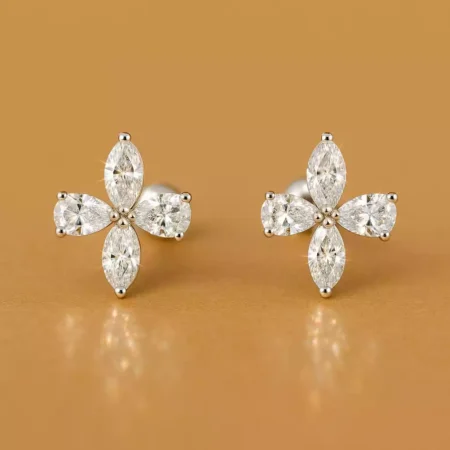 Marquise and pear cut lab-grown diamond floral stud earrings in white gold – front view