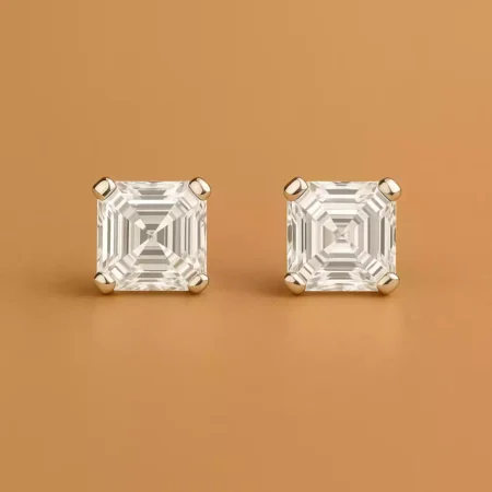 Pair of Asscher cut lab-grown diamond stud earrings in 4-prong white gold setting – front view