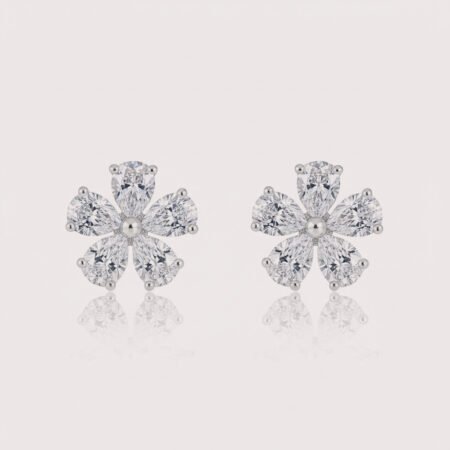 Pear-cut diamond flower cluster earrings in white gold – symmetrical five-petal floral design