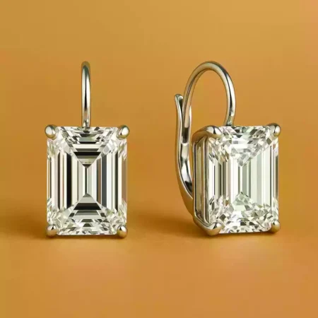 Emerald cut lab-grown diamond drop earrings in white gold with secure latch back – side and front display