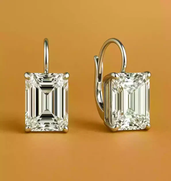 Emerald cut lab-grown diamond drop earrings in white gold with secure latch back – side and front display
