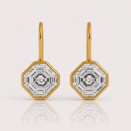 3.12ctw Asscher Cut IGI Certified CVD Lab Diamond Drop Earrings in 18K Yellow Gold – Octagon Bezel Set