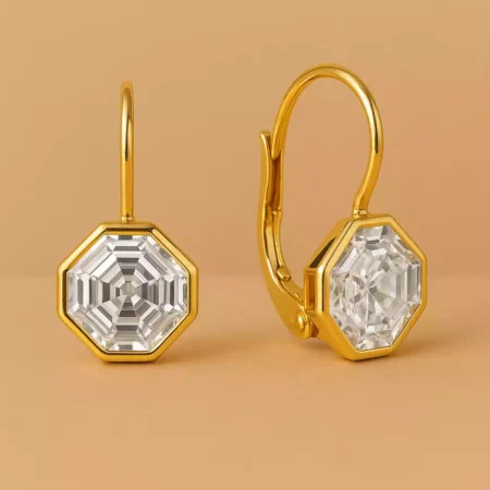 Asscher step-cut lab-grown diamond drop earrings in 18K yellow gold with bezel setting – side and front view