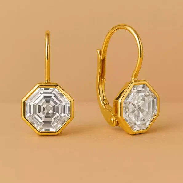 Asscher step-cut lab-grown diamond drop earrings in 18K yellow gold with bezel setting – side and front view