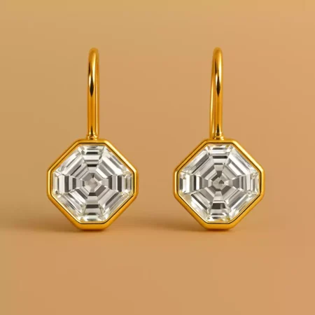 Geometric Asscher bezel-set lab-grown diamond earrings in yellow gold – symmetrical front view