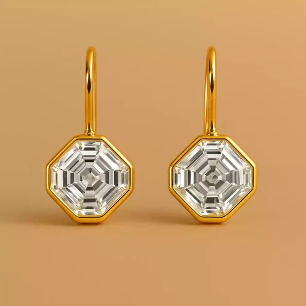 Geometric Asscher bezel-set lab-grown diamond earrings in yellow gold – symmetrical front view