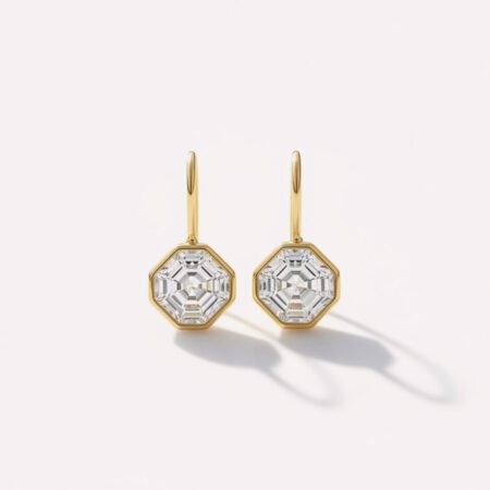 3.12ctw Asscher Cut IGI Certified CVD Lab Diamond Drop Earrings in 18K Yellow Gold – Octagon Bezel Set