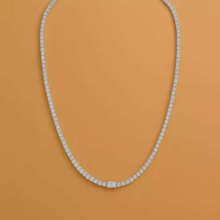 White gold tennis necklace featuring round lab-grown diamonds and center emerald-cut diamond – full top-down view