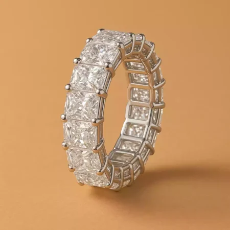 Side profile of radiant cut lab-grown diamond eternity ring in white gold – full circle view