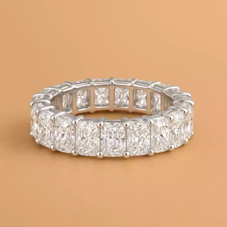 Close-up of radiant cut diamond eternity ring in white gold – luxurious prong-set lab-grown stones in full circle