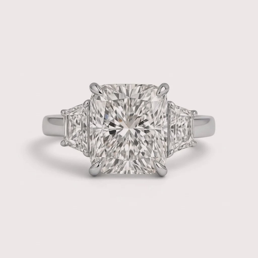 Cushion Cut 4ct Center + Trapezoid Side Lab Grown Diamond Engagement Ring in 10K/14K/18K Gold – IGI Certified Cushion Cut 4ct Center + Trapezoid Side Lab Grown Diamond Engagement Ring in 10K/14K/18K Gold – IGI Certified