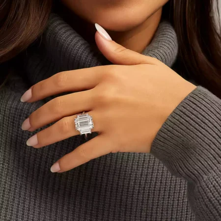 Emerald Cut 4.01ct Lab Grown Diamond Ring with Trapezoid Side Stones – 10K/14K/18K Gold – IGI Certified