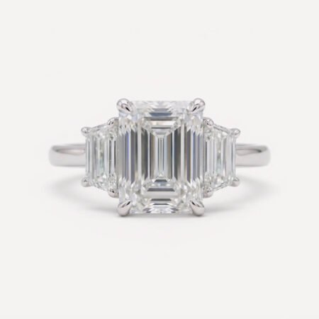 4.55ct Emerald Cut Lab Grown Diamond with Trapezoid Side Diamonds Engagement Ring 14K White Gold E/VVS1 IGI Certified