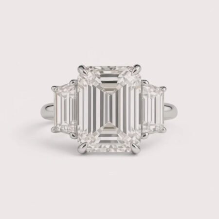 4.05ct Emerald Cut Lab Grown Diamond Three Stone Engagement Ring with Trapezoid Side Stones in 10K/14K/18K Gold – IGI Certified