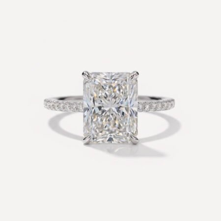 5.03ct EF VS1 IGI Certified Radiant Cut Lab Diamond Engagement Ring with 0.18ctw Accent Stones in 14K Gold – Pavé Band Setting