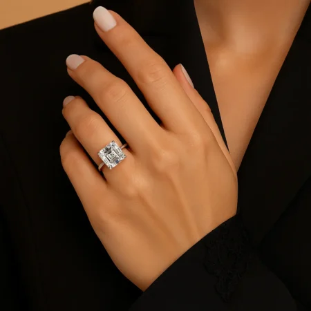 6.01ct EF VS1 IGI Certified Asscher Cut Lab Diamond Engagement Ring with 0.18ctw Hidden Halo in 14K Gold – Classic Solitaire Style