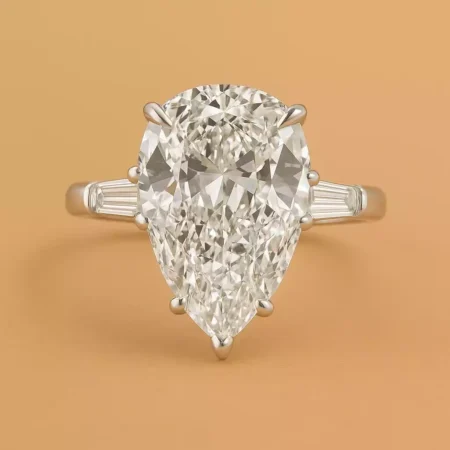 4.98ct EF VS1 IGI Certified Pear Cut Lab Diamond Engagement Ring in 14K Gold – Three Stone with Tapered Baguettes