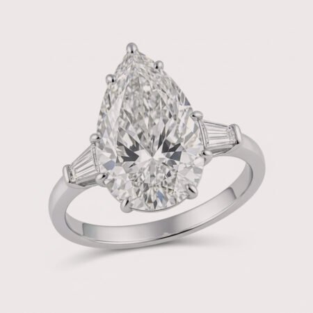 4.98ct EF VS1 IGI Certified Pear Cut Lab Diamond Engagement Ring in 14K Gold – Three Stone with Tapered Baguettes