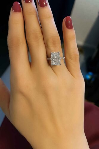Radiant Cut 3CT F Color VS1 IGI Lab Diamond Hidden Halo Engagement Ring in 14K Yellow Gold – Side Marquise & Round Diamonds photo review